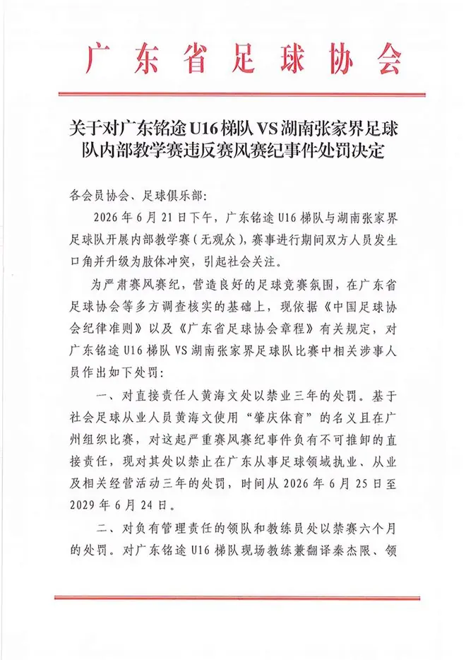 14岁小球员遭张家界足球队殴打，广东足协、湖南足协：多人被处罚